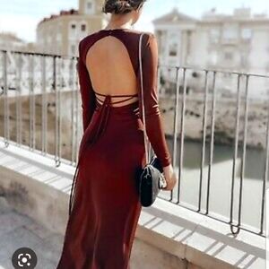 Zara open back midi high slit with shoulder pads luxury elegant dress sz Large